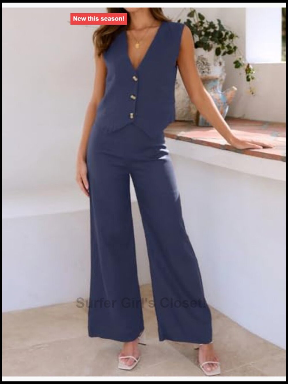Women's 2 Piece Sleeveless Button Down Top & Wide Leg Pants Set - Picture 4 of 7